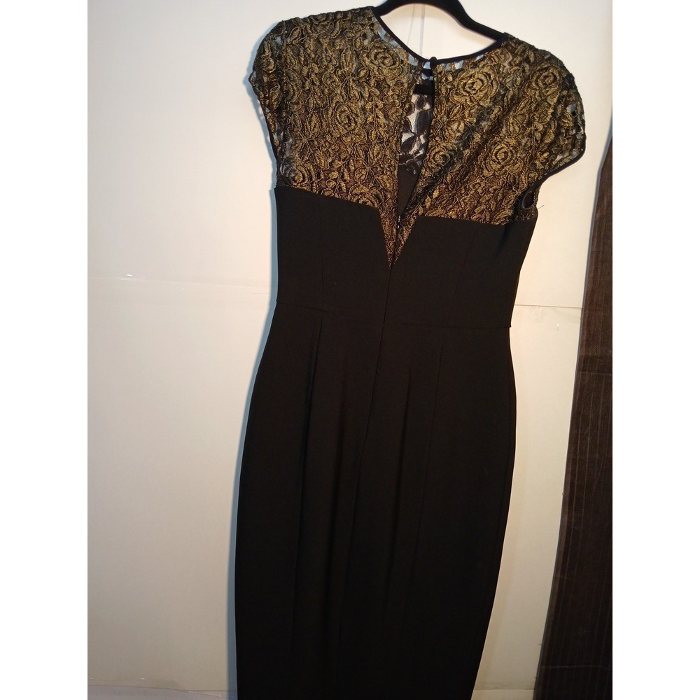 Maggy London Cocktail Dress‎ Women 6 Black Gold Excellent Lace Crepe Cap Sleeve